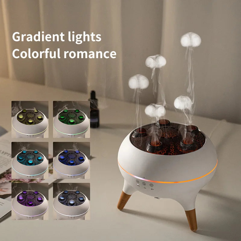 HYGEA 3D Simulated Flame Aromatherapy Diffuser Timing Jellyfish Spray Dynamic Sound Pickup Remote Control Air Humidifier