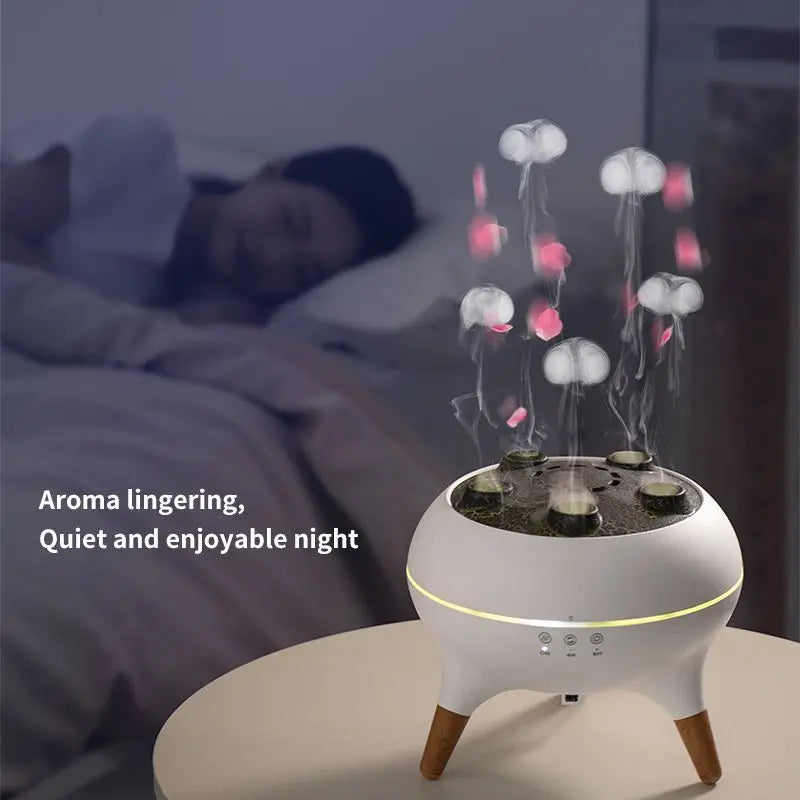 HYGEA 3D Simulated Flame Aromatherapy Diffuser Timing Jellyfish Spray Dynamic Sound Pickup Remote Control Air Humidifier