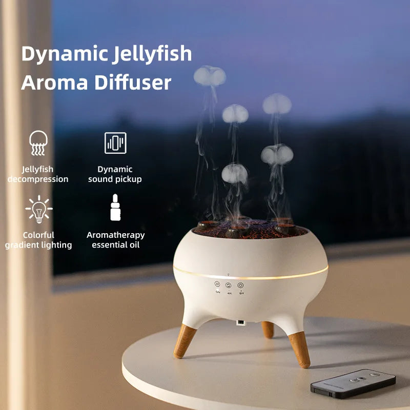 HYGEA 3D Simulated Flame Aromatherapy Diffuser Timing Jellyfish Spray Dynamic Sound Pickup Remote Control Air Humidifier